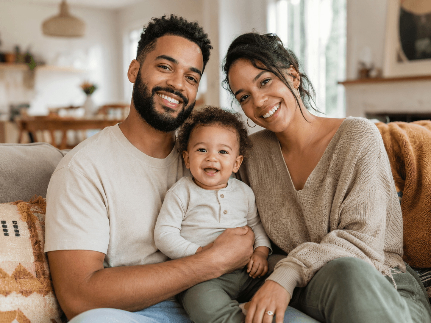 Young diverse couple laughing with their toddler in a bright, sun-drenched natural outdoor setting
