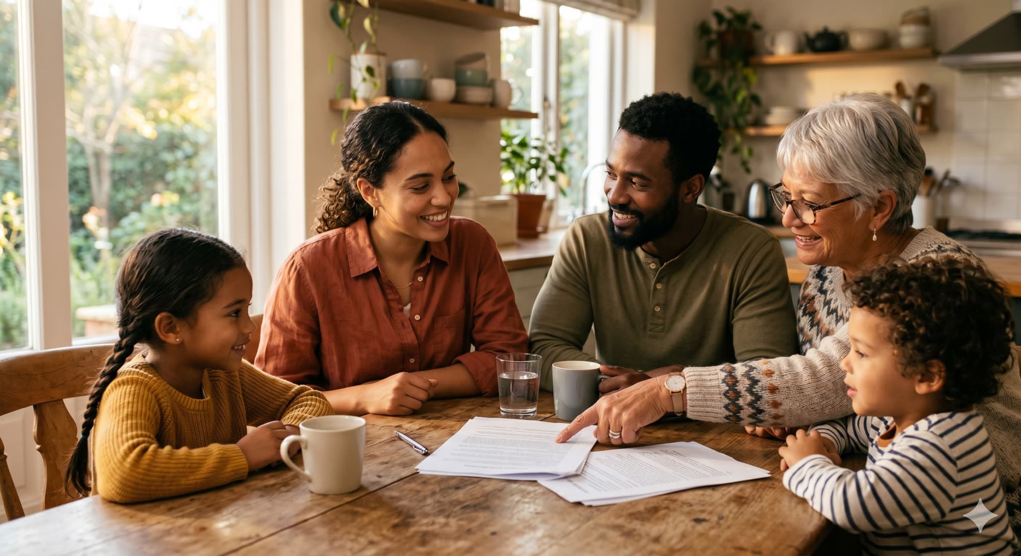 Diverse multigenerational family laughing together in a warm living room at golden hour