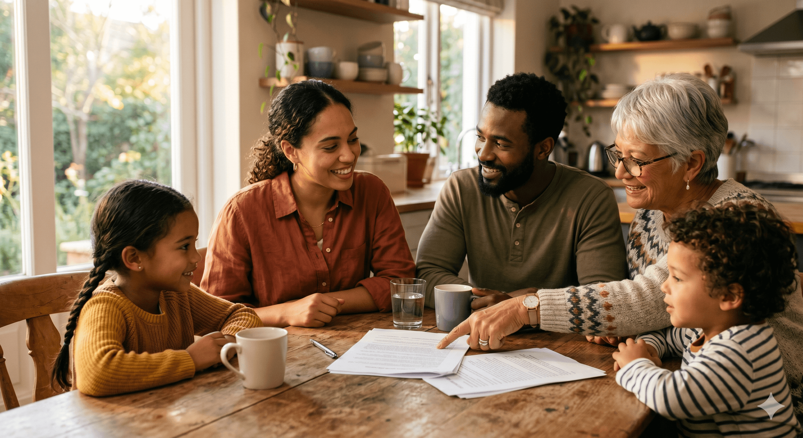 Diverse multigenerational family laughing together in a warm living room at golden hour
