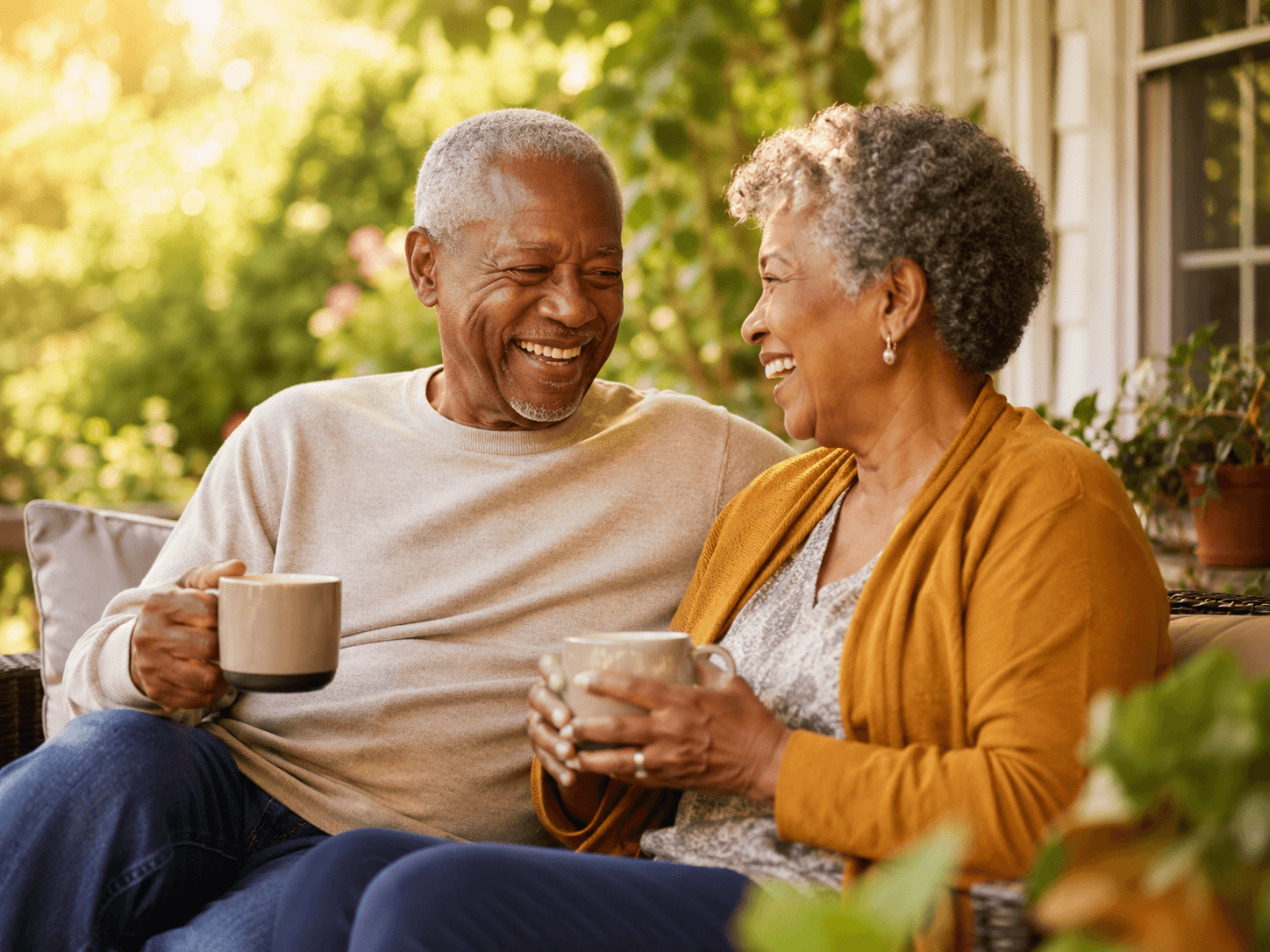 Active retired couple walking and laughing together in an outdoor park setting during morning light