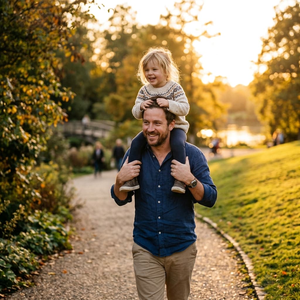 Father carrying young daughter on shoulders in a golden hour park setting