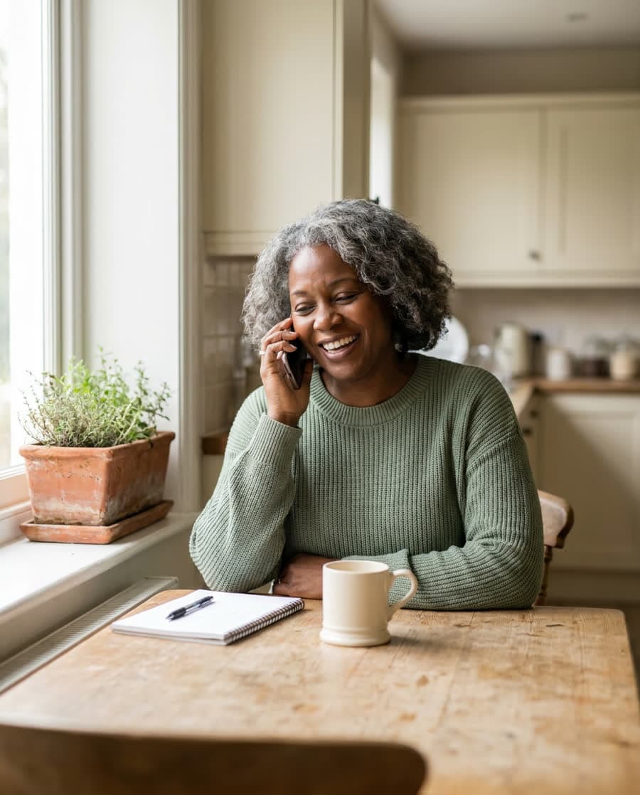 A client smiling while talking with an agent by phone at her kitchen table
