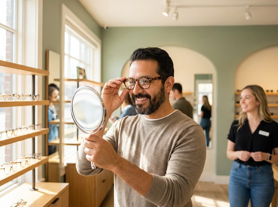 Man trying on new eyeglasses in a bright optical shop