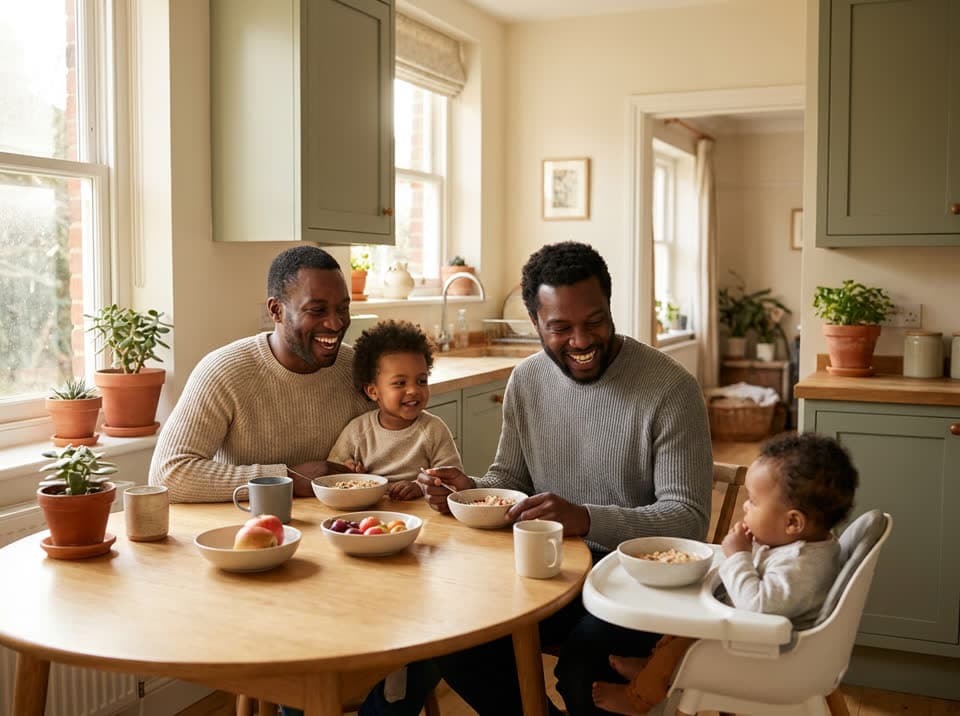 Young family sharing breakfast together at a sunny kitchen table